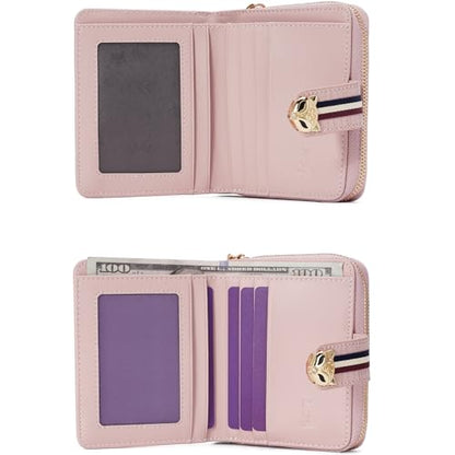 FOXLOVER Genuine Leather Zip Small Wallet Women RFID Blocking Credit Card Bifold Wallet Business Card Holder with ID Window(Pink) - color: 02-Pink