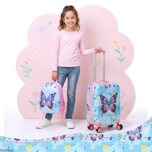 Kid's Hardshell Luggage Sets 4 Piece Rolling Suitcases with Wheels for Girls Women 16" Carry on Luggage Toddler Travel Suitcase Set - color: Pink Butterfly