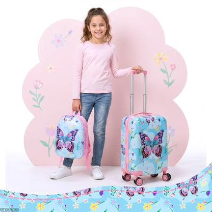 Kid's Hardshell Luggage Sets 4 Piece Rolling Suitcases with Wheels for Girls Women 16" Carry on Luggage Toddler Travel Suitcase Set - color: Pink Butterfly