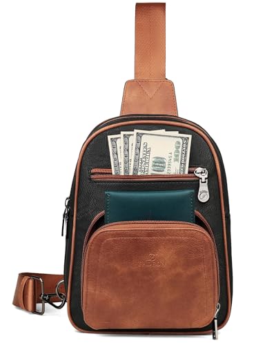 FADEON Sling Bags for Women Crossbody Bag, Designer PU Leather Sling Purse - color: Retro Black With Brown, size: Small
