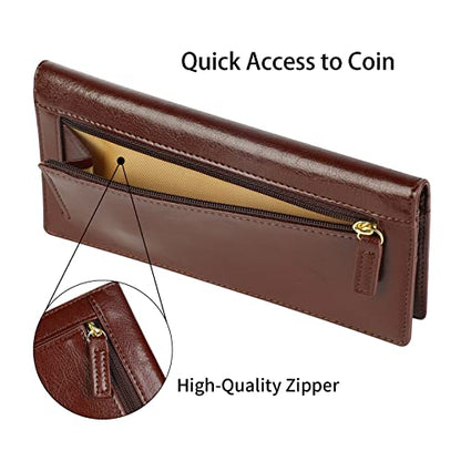 Lavemi Ultra Slim Thin Leather Women Wallet RFID Blocking Credit Card Holder Bifold Long Ladies Billfold - color: 1-waxed Coffee