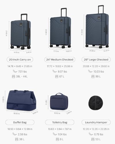 Coolife Luggage Set: 3 Suitcases, Duffel Bag, Toiletry Bag, Pop-Up Hamper - color: Navy, size: 6-Piece Set