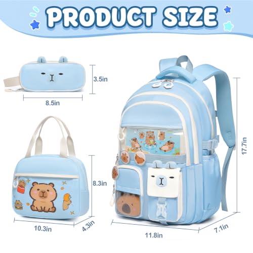 3PCS Capybara Backpack for Girls with Lunch Box Kapybara Bookbag (Blue) - color: Blue