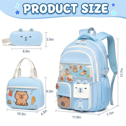 3PCS Capybara Backpack for Girls with Lunch Box Kapybara Bookbag (Blue) - color: Blue