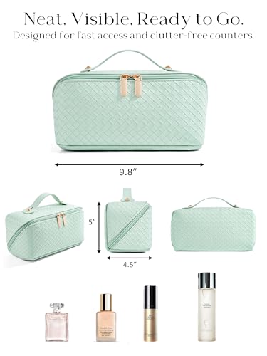 ALEXTINA Travel Makeup Bag, Woven PU Leather Cosmetic Bag, Green - color: green woven, size: Medium