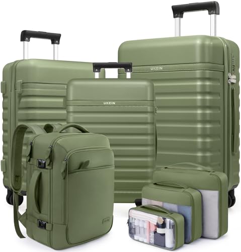 Luggage Sets 7 Piece,Hardside Large Checked Suitcase with Backpack Set | ABS Lightweight But Durable Carry on Luggage with 360° Spinner Wheels& YKK Zippers,TSA Lock,Space-Saving Nested - color: Amry Green, size: 7-Piece Sets