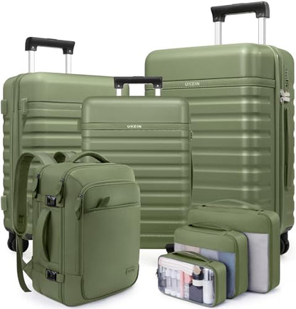 Luggage Sets 7 Piece,Hardside Large Checked Suitcase with Backpack Set | ABS Lightweight But Durable Carry on Luggage with 360° Spinner Wheels& YKK Zippers,TSA Lock,Space-Saving Nested - color: Amry Green, size: 7-Piece Sets