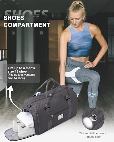 Gym Duffle Bag for Women with Shoe Compartment Waterproof Travel Tote Bags Personal Item Carry On Weekender Overnight Bags with Toiletry Bag Swimming Yoga Bags Hospital Holdalls Black Grey - color: C3-Grid-Back Grey