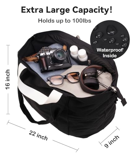 Bagelite 22'' 50L 100% Cotton Oversized Travel Tote Bag for Women - Tear-Resistant, Overnight/Weekend/Beach Bag - color: Black（22'' Xl）