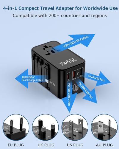 FOVAL 유럽 여행용 플러그 어댑터, 접이식 USB C 케이블이 있는 범용 여행용 어댑터, 유럽 이탈리아 영국 미국 AUS (70W) 용 올인원 국제 전원 어댑터 - size: 70W