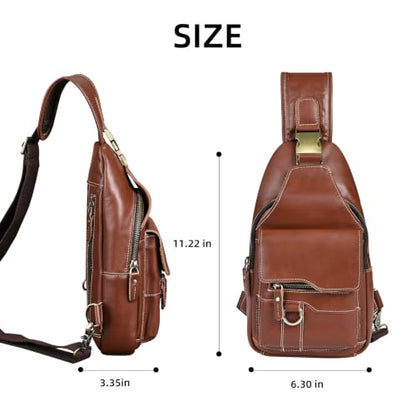 Genuine Leather Hiking Travel DayPack Sling Crossbody Triangle Chest Pack Bag For Men Women 8241 (E-Brown) - color: E-Brown