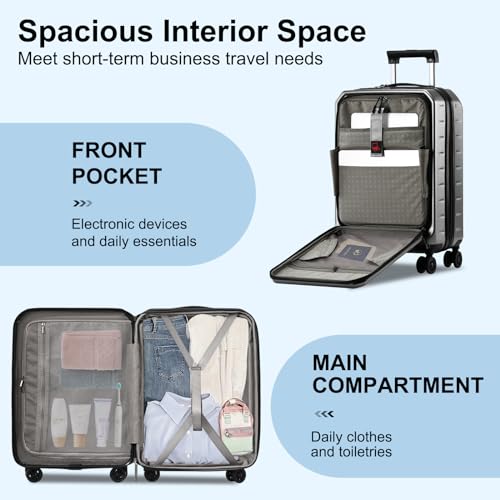 CENSIEN 20 Inch Carry On Luggage 22×14×9 Airline Approved with Front Pocket - color: Gray, size: 20 Inch