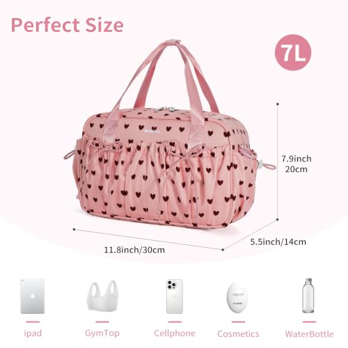 ECOHUB Small Gym Bag for Women, Mini Duffle Bag with Wet Pocket Heart Print - color: Pink Heart Print