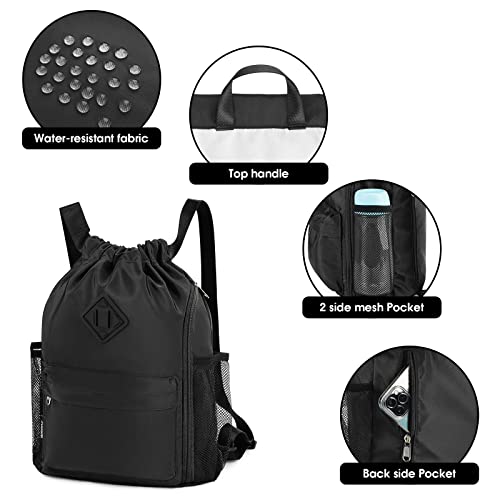 WANDF Drawstring Backpack with Shoe Compartment, Sports Gym Bag - color: S, Black, size: Small
