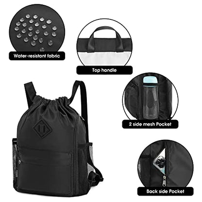 WANDF Drawstring Backpack with Shoe Compartment, Sports Gym Bag - color: S, Black, size: Small