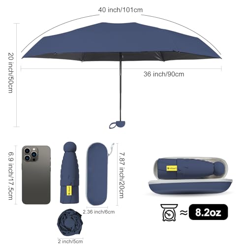 Mini Travel Umbrella, UPF 50+ Purse Umbrella with Case and Carabiner - color: Navy blue 02