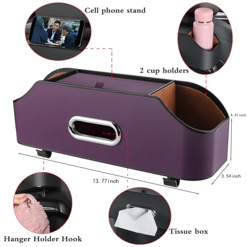 Car Seat Back Organizer with Cup Holders, Tissue Box & Hooks, Purple - color: Purple