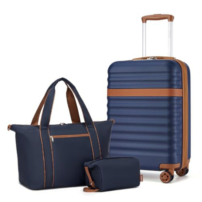 Kono 3-Piece Set 20in Expandable Carry-On Hardshell TSA Lock Navy - color: Navy/Brown, size: Carry-on travel set (db/tb/20")