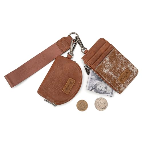 Wrangler Keychain Wristlet Wallets for Women Western Dual Pouch Wristlet Credit Card Holder Wallet - color: Cowhide Brown