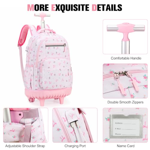 ACESAK Rolling Backpack for Girls with Lunch Bag & Pencil Pouch - color: Pink Bow