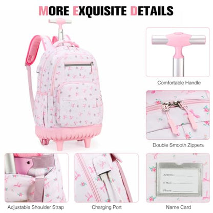 ACESAK Rolling Backpack for Girls with Lunch Bag & Pencil Pouch - color: Pink Bow