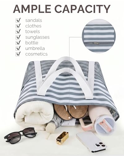 HOMESPON Beach Bag Large Waterproof Sandproof Tote for Women with Zipper and Mesh Pockets - color: Gray Stripes, size: Medium