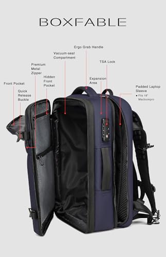 45L Travel Backpack with Vacuum Compression System Fits 16" Laptop | Expandable Carry On Backpack with Pump, Water Resistant, TSA Lock, Vacuum Backpack for Travel & Business - color: Blue