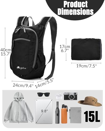 Small Foldable Hiking Backpack for Women Men, 15L Ultralight Collapsible Daypack for Traveling Outdoor Daily, Black - color: Black