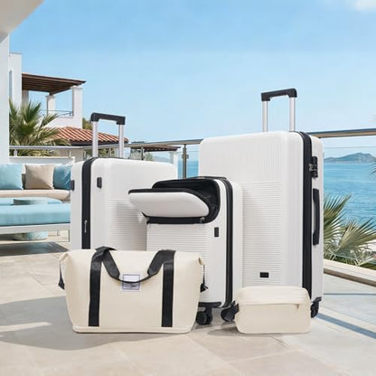 5-Piece White Hardside Luggage Set, Half-Opening Carry-On with Double Spinner Wheels, Lightweight Travel Case, USB Port, TSA Lock - color: White