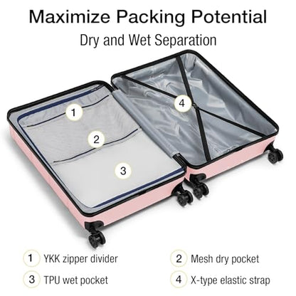 KYME 28 Inch Luggage with Wheels Hardshell Large Suitcase Lightweight Big Checked Luggage with TSA Lock Travel Rolling Suitcase for Women Men Pink - color: Light Pink, size: Checked-Large 28-Inch