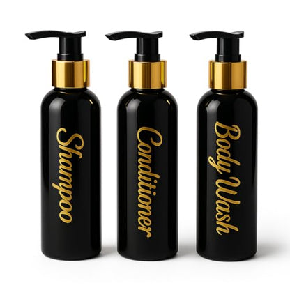 Shampoo and Conditioner Dispenser - Essentials Toiletry Bottles - Shower Refillable Shampoo and Body Wash Soap Pump Bottle – 3X 3oz TSA-Approved Travel Size Containers - Black Gold - Round - color: Black Gold 1 - Black Round, size: Small