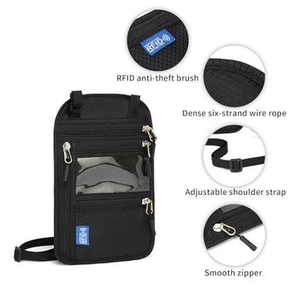 RFID Blocking Passport Holder Neck Pouch, Black, with Adjustable Shoulder Strap, Clear ID Window, Multi-Pocket Travel Wallet for Women Men