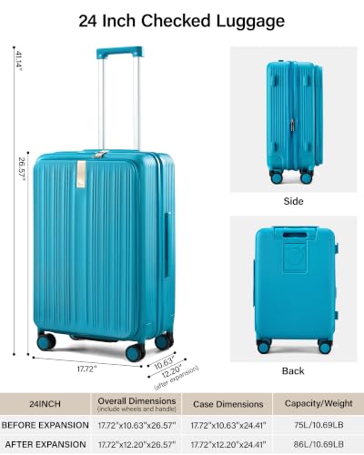 Hanke Top Opening 24" Medium Suitcase Expandable Hard Shell Caribbean Blue - color: Caribbean Blue, size: 24 Inch EXT