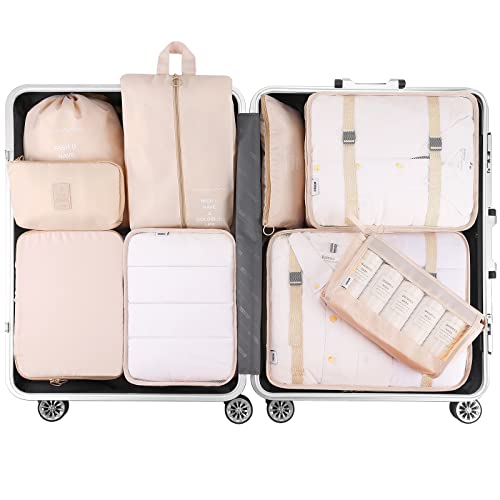 Mossio 9 Set Packing Cubes with Shoe Bag & Electronics Bag - Luggage Organizers Suitcase Travel Accessories - color: Beige
