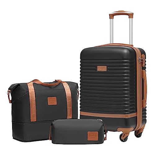 Coolife Luggage Set Carry On Suitcase,3 piece, Black(DB/TB/20) | 360° Spinner Wheels;Convenient Trolley Sleeve;Water-Resistant Fabric;Fully-Lined Zipper Interior;Lightweight ABS - color: Black, size: 3 piece set (DB/TB/20)