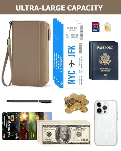 Large Wallet for Women, Clutch Wallet with Passport Holder - color: Camel