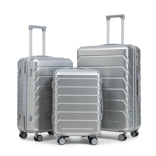 Campfun 3 Piece Luggage Sets, ABS Hardshell Suitcase Set with Double Spinner Wheels, Durable Lightweight Carry On Luggage for Travel & Business, 20/24/28 inch, Silver - color: Silver