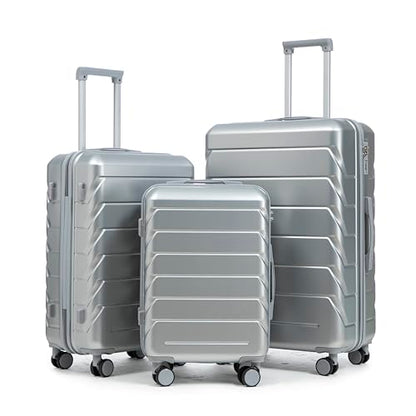 Campfun 3 Piece Luggage Sets, ABS Hardshell Suitcase Set with Double Spinner Wheels, Durable Lightweight Carry On Luggage for Travel & Business, 20/24/28 inch, Silver - color: Silver