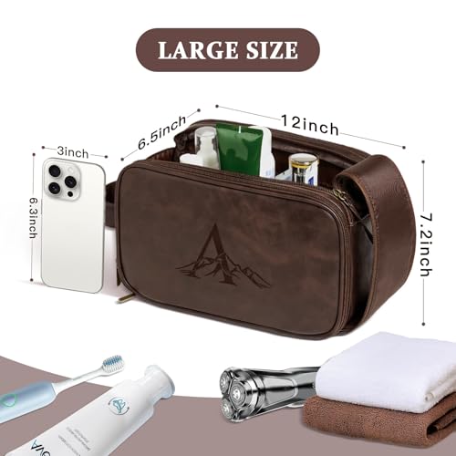 Travel Toiletry Bag For Mens PU Leather Engraved Initials (Dark Brown E) - color: Dark Brown, style: E