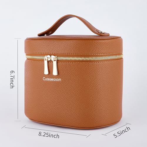 Makeup Bag with Removable Organizer Insert, PU Leather Travel Cosmetic Case with Brush Storage and Carry HandleLight Khaki - color: Light Khaki