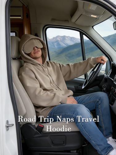 SeSe Code Travel Hoodie with Eye Mask Sleep Unisex Oversized Sweatshirt for Airplane, Road Trip Naps Fleece Couples Hoodies - color: Coffee Grey, size: Small