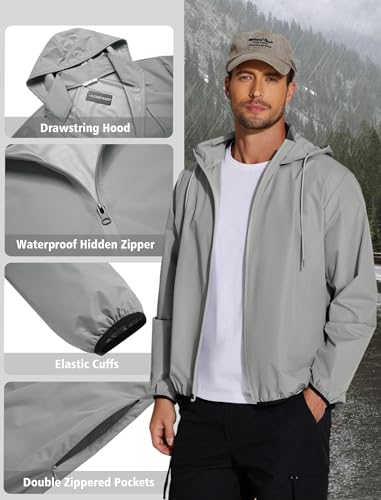 COOFANDY Men's Light Rain Jacket Packable Waterproof Raincoat Windbreaker - color: Gray, size: 4X-Large