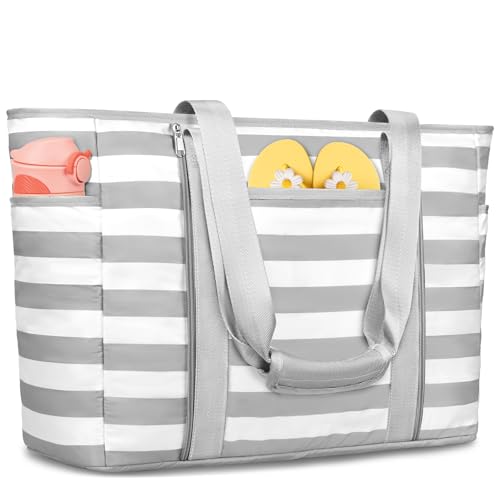 Extra Large Beach Bags for Women Waterproof Sandproof Beach Tote Bag - color: Grey White
