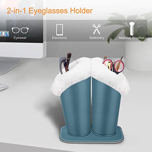 FINTIE Plush Lined Double Eyeglasses Holder with Magnetic Base for Desk - color: Ocean Blue