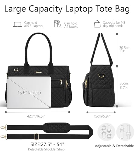 Bagstellar Teacher Tote Bag for Women, 15.6" Laptop Work Tote Computer Bag - color: Black