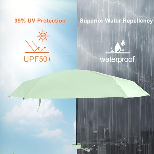 GUARAY Mini Umbrella with Case – Lightweight Folding Compact Travel Accessory, Small Sun Umbrella UV Protection for Girls, Kids & Adults, Fits in Purse Pocket Backpack - color: Light Green