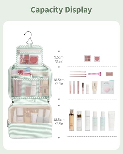 Narwey Hanging Travel Toiletry Bag for Women, Travel Makeup Organizer Bag - color: ZB-Mint Green Stripe