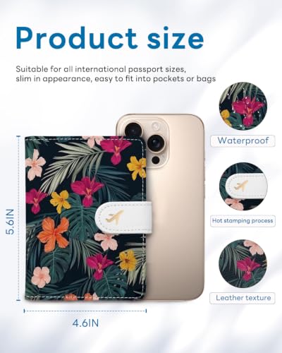 RFID Passport Holder with Tracker Slot, Leather Travel Wallet - color: Flowers & Leaves