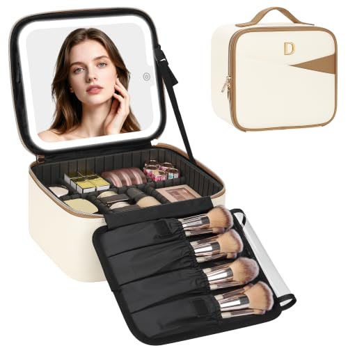 Relavel Birthday Gifts for Women Teen Girls, Initial Makeup Bag with LED Mirror, Personalized Cosmetic Organizer with 3 Light Modes, Rechargeable Travel Bag with Compartment & Adjustable Dividers - D - style: D