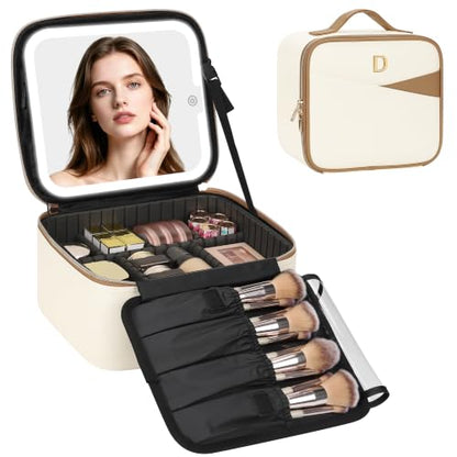 Relavel Birthday Gifts for Women Teen Girls, Initial Makeup Bag with LED Mirror, Personalized Cosmetic Organizer with 3 Light Modes, Rechargeable Travel Bag with Compartment & Adjustable Dividers - D - style: D